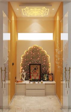 the interior of a home decorated in gold and white with an intricately designed wall