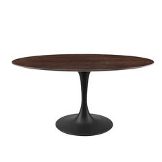 an oval wooden table with black base and dark wood top, viewed from the front