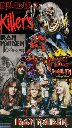 an advertisement for iron maiden's album, featuring images of the band and their members