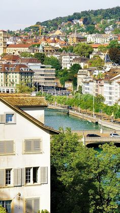 a river running through a lush green hillside next to a city filled with tall buildings