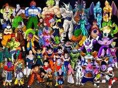 a large group of cartoon characters standing next to each other