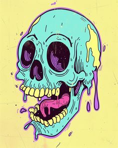 a drawing of a blue skull with purple and yellow paint on it's face