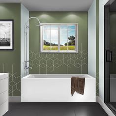 a bathroom with green walls and white fixtures, including a bathtub next to a window