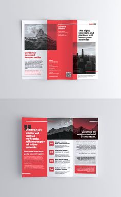 two fold brochure design with red and black accents on the front and back