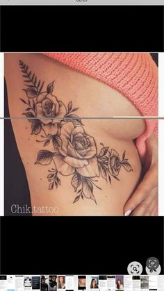 a woman's stomach with roses and leaves on the side, next to an image of