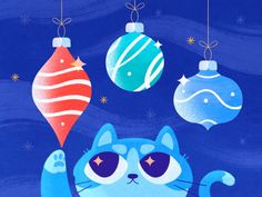 a painting of a blue cat with christmas ornaments hanging from it's ears and eyes