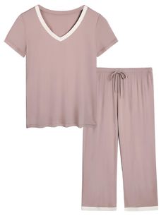 PRICES MAY VARY. 🌙[Moisture Wicking]: With 95% viscose made from bamboo material, this pajama set is perfect for women suffering from night sweats and sleeplessness. Breathable fabric allows moisture wicking, promoting heat dissipation and allows air circulation. 🌙[Ultra Soft]: Compared with cotton, viscose made from bamboo is more lightweight, much smoother and softer just like silk, feeling like a second skin and giving you a better sense of wearing comfort in bed. 🌙[High Quality]: This pai Sleep Wear For Women Pajamas, Relaxed Fit Viscose Sleepwear For Loungewear, Casual Viscose Sleepwear For Loungewear, Summer Viscose Sleepwear For Loungewear, Casual Viscose Sleepwear In Relaxed Fit, Summer Sleepwear In Viscose, Summer Viscose Sleepwear, Relaxed Fit V-neck Loungewear Set, Summer Viscose Loungewear Set