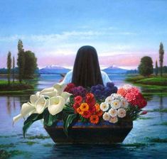 a painting of a woman sitting in a boat filled with flowers