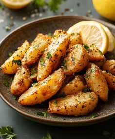 a plate full of seasoned potatoes with lemon wedges