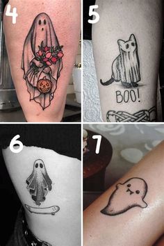 four different tattoos on the legs of people with ghost and ghost faces, one is for halloween