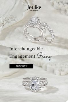 two engagement rings with the words inter changeable engagement ring shop now