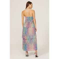 Rainbow sequins (60% Polyester, 40% Metallic). Lining (100% Polyester). A-line. Side zipper closure. 44" from shoulder to hemline. Imported. Multicolor Maxi Dress For Evening Parties, Multicolor Maxi Dress For Cocktail Party Season, Multicolor Maxi Dress For Cocktail Party, Glamorous Summer A-line Midi Dress, Summer Embellished Midi Sequin Dress, Prom Dress With Contrast Sequin In Midi Length, Midi Prom Dress With Contrast Sequin, Sequin Midi Dress For Spring, Elegant Midi-length Prom Dress With Contrast Sequin