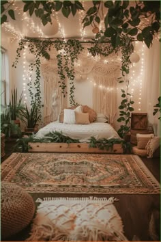 a bedroom decorated with plants and string lights