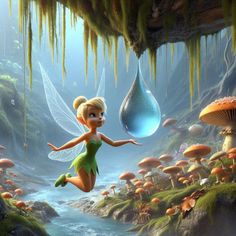 the tinkerbell fairy is flying in front of an image of mushrooms and water