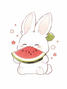 a white rabbit eating a slice of watermelon