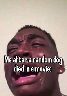 a man with his mouth open and the words me after a random dog died in a movie