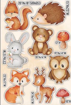 a sheet of stickers with animals and mushrooms