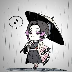 a drawing of a girl with an umbrella in the rain, and a music note above her head