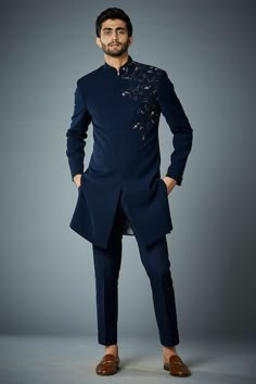 Buy Blue Terry Cotton Embroidered Zardozi Nairobi Jungle Achkan Trouser Set For Men by Paarsh Online at Aza Fashions. Luxury Designer Bandhgala With Mandarin Collar, Luxury Black Bandhgala With Mandarin Collar, Embroidered Bandhgala, Indowestern Outfits For Men, Western Outfits For Men, Indo Western Outfits For Men, Indowestern Outfits