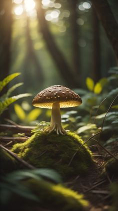 a mushroom sitting on top of a lush green forest