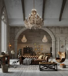 a living room filled with furniture and a chandelier