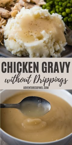 chicken gravy without drippings in a white bowl with a spoon next to it