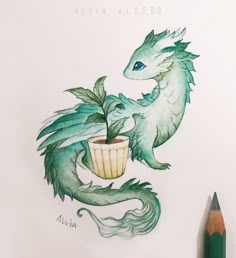 a drawing of a green dragon holding a potted plant