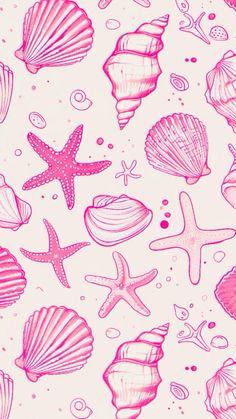 pink sea shells and starfish on a white background