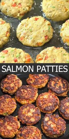 salmon patties are cooking in a skillet and then being cooked on the grill