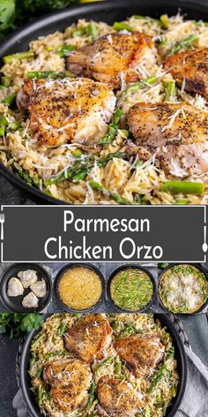 chicken orzo with parmesan sauce in a cast iron skillet