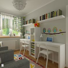 a child's room with bookshelves, desk and chairs