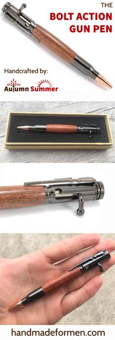 This wood bolt action pen is the perfect gift for him! $39 or add your custom engraving for just $10! Visit handmadeformen.com to order. Wojskowy Humor, Gifts For Him Anniversary, Bullet Pen, 웃긴 사진, Perfect Gift For Him, Tactical Gear, Custom Engraving, Cool Gadgets