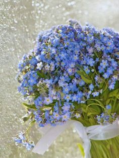 a bouquet of blue flowers in a vase