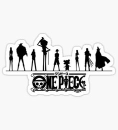 the one piece sticker with silhouettes of people and their names in black on a white background