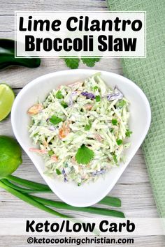 lime cilantro broccoli slaw in a white bowl on a wooden table