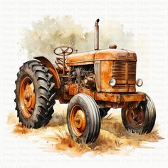 an old rusted out tractor is shown in this watercolor painting