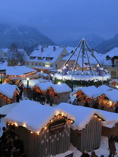 a group of people standing in the snow next to buildings with christmas lights on them