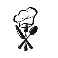 a black and white drawing of a chef's hat with utensils