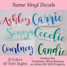 the name vinyl decals are shown in different colors