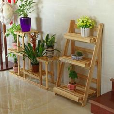 three wooden shelves with plants on them in front of a white wall and stairs leading up to the second floor