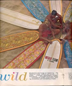 an advertisement for surfboards with two men working on the bottom and one man sitting on top