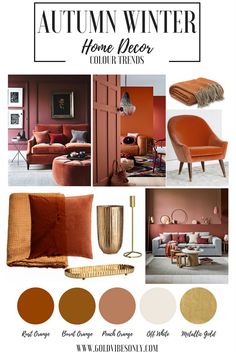 an autumn color scheme with oranges, golds and browns in the living room