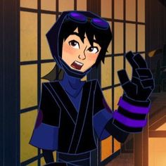 an animated image of a woman in a black outfit pointing to the side with her finger