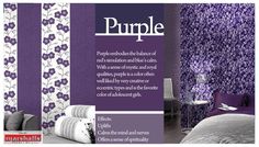 the purple bedroom is decorated with white and gray furniture, pillows, and decorative wallpaper