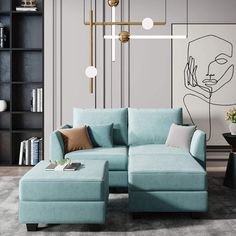 a living room with a blue sectional couch and coffee table in front of a bookcase