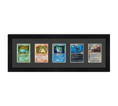 the pokemon trading card collection is displayed in a black framed frame with four different cards