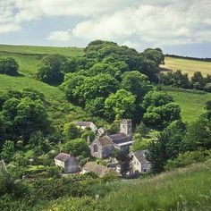 an old house in the middle of a lush green field with trees on both sides