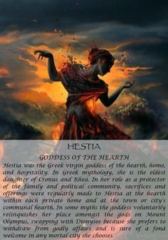 an image of a woman with fire in her hands and the words hestia above it