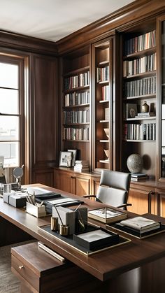 a large wooden desk with many books on it