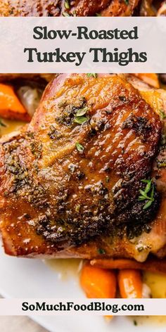 These easy Slow-Roasted Turkey Thighs are perfect for a low-key Thanksgiving dinner. They’re made in one pan and slathered with the most delicious garlic-herb butter.